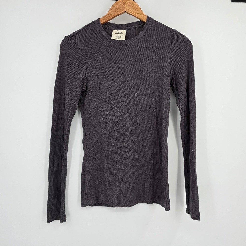 Easy Standard Womens Ribbed Long Sleeve Crew‎ Neck T-Shirt Charcoal Grey Size S